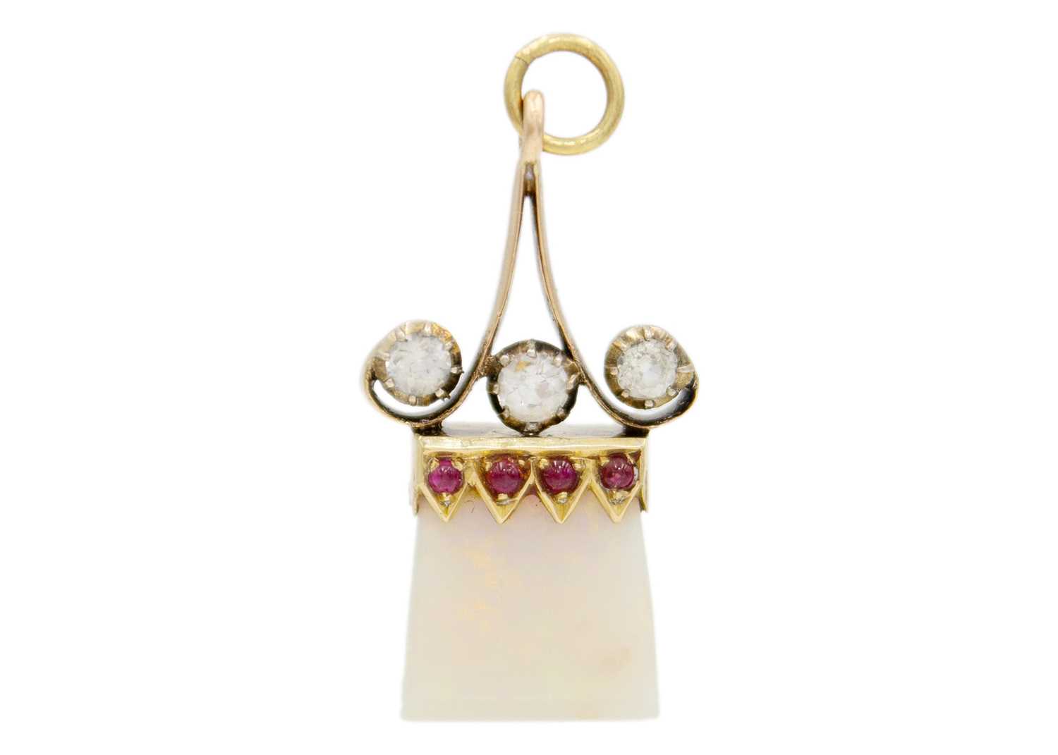 Lot 76 - A gold-mounted white opal, white sapphire and ruby cabochon set pendant.