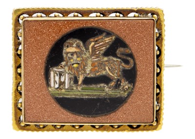 Lot 81 - A Grand Tour 15ct gold mounted micro mosaic brooch depicting the winged lion of St. Mark