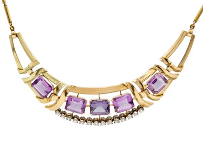 Lot 90 - A modern high-purity (tests 14ct) gold amethyst, sapphire and white stone set collar necklace.