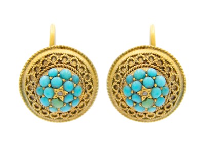 Lot 95 - A Victorian Etruscan Revival 9ct gold pave set turquoise and diamond set screw-back earrings.