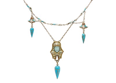 Lot 122 - An 800 silver and enamel Egyptian Revival swag fringe necklace.