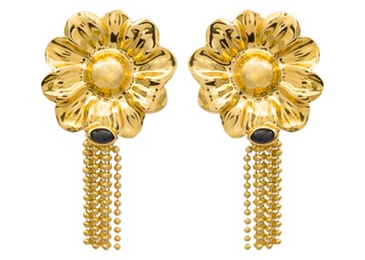 Lot 139 - A modern Italian 18ct pair of flower head and tassel earrings, each set with a sapphire cabochon.