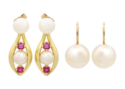 Lot 145 - A pair of 18ct Italian cultured pearl set clip earrings, and another pair of pearl earrings.