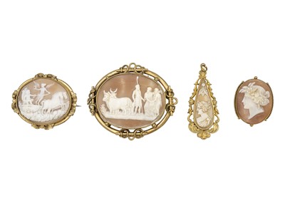 Lot 275 - A collection of three shell cameo brooches and a cameo pendant.