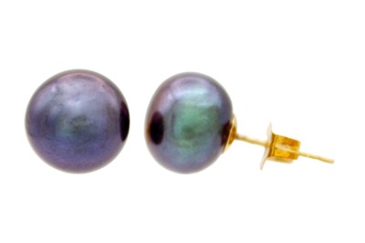 Lot 155 - A pair of 9ct oblate spheroid cultured black pearl stud earrings.