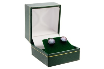 Lot 155 - A pair of 9ct oblate spheroid cultured black pearl stud earrings.