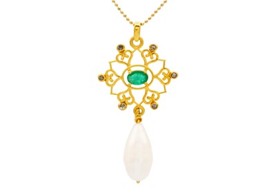 Lot 175 - A yellow metal fancy openwork pendant set with an emerald diamonds and pearl drop.