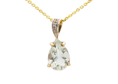 Lot 176 - A 9ct pendant set with a pear-cut green amethyst and diamond bale.