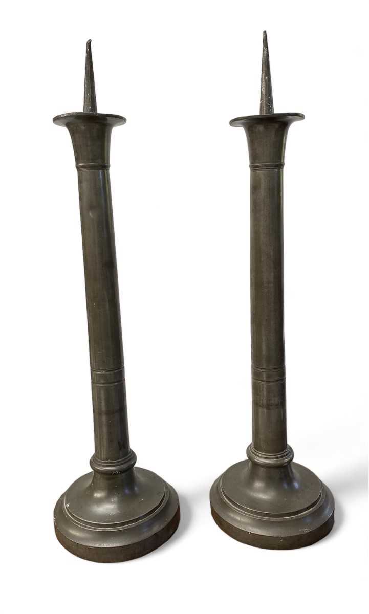 Lot 1059 - 18th century pewter alter pricket candlesticks