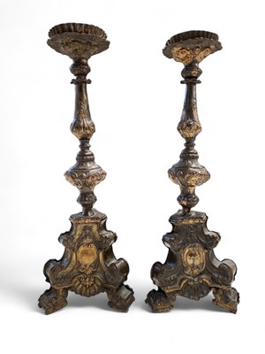 Lot 1617 - A pair of Italian baroque, gilt metal pricket candlesticks