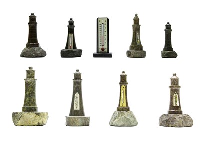 Lot 1380 - A collection of Cornish serpentine turned lighthouses.