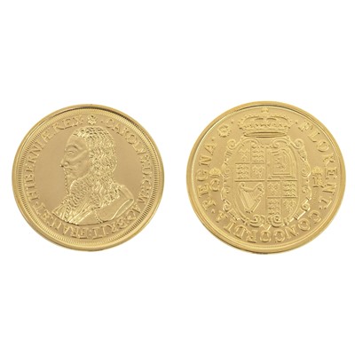 Lot 85 - Gold proof REPLICA of King Charles I pattern gold 5 unite in 22ct gold, weight 4gms