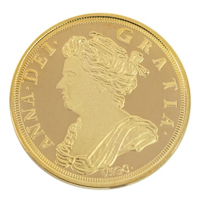 Lot 86 - Gold proof REPLICA of Queen Anne Vigo 5 Guineas in 91.6% yellow gold, weight 4 gms