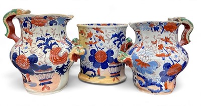 Lot 1434 - Two large Mason's Patent Ironstone Imari pattern graduated jugs and a wine cooler.