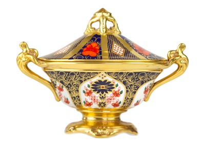 Lot 765 - A Royal Crown Derby Imari twin-handled oval navette urn and cover.