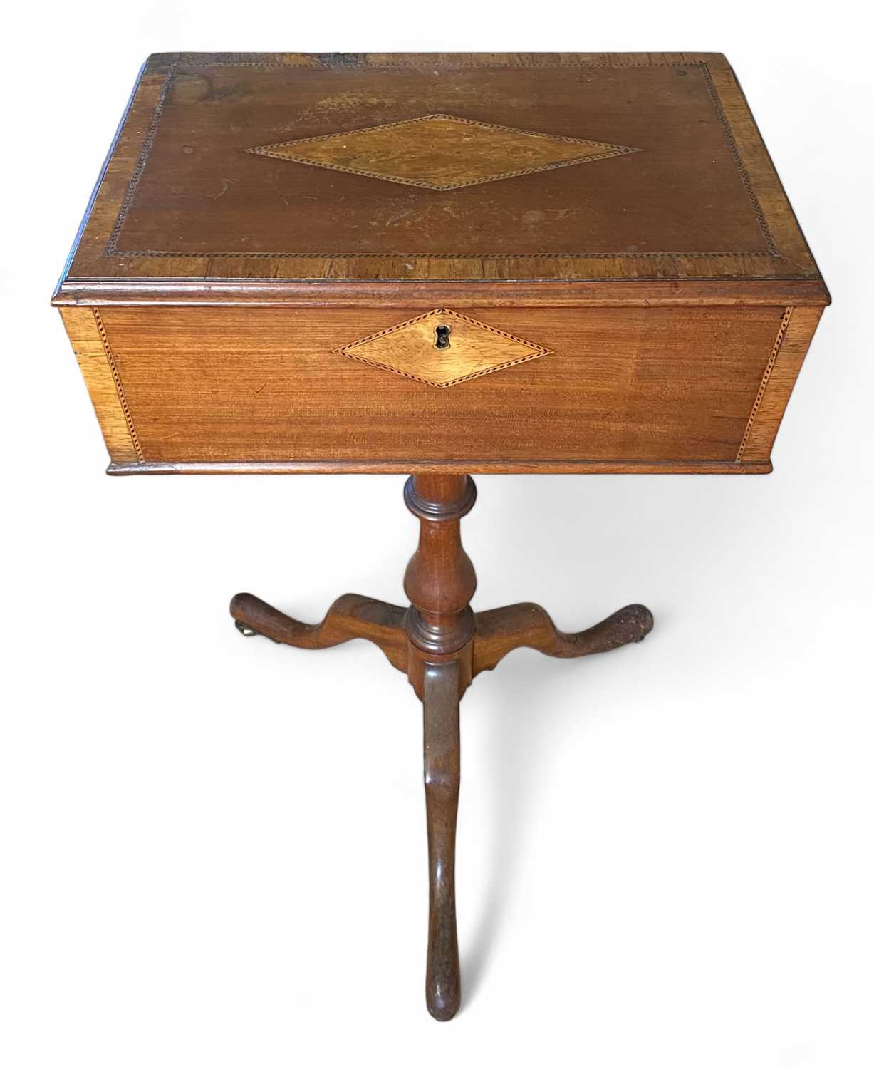 Lot 905 - A George III mahogany, satinwood banded and inlaid rectangular work box.