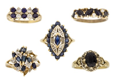 Lot 227 - Five 9ct sapphire set rings.