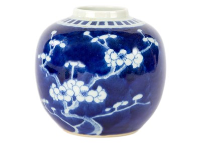 Lot 12 - A Chinese blue and white porcelain prunus pattern jar, circa 1900.