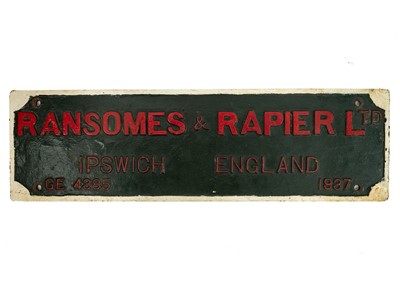 Lot 548 - Railwayana - Ransomes & Rapier Ltd Crane Cast Iron Sign