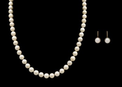 Lot 193 - A string of freshwater cultured pearls with 14ct clasp and a pair of pearl earrings.