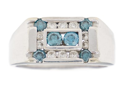 Lot 43 - A white gold, white and blue diamond set, gentleman's ring.