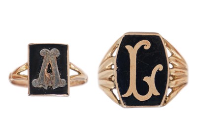 Lot 189 - A 9ct rose gold, black enamel gentleman's monogram signet ring and a similar  lady's monogram ring..