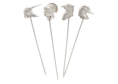 Lot 274 - A 999 fine silver set of four 'Hunting' olive picks by James Suddaby.