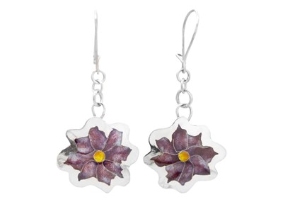 Lot 278 - A 999 fine silver and enamel 'Clematis' pendant earrings by Samantha Suddaby.