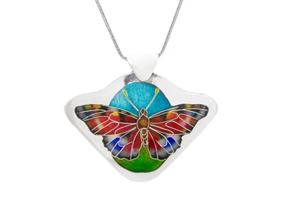 Lot 293 - A 999 fine silver and enamel 'Butterfly' pendant necklace by Samantha Suddaby.