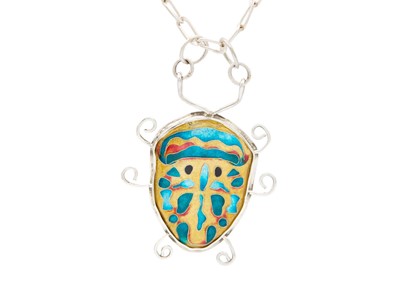 Lot 288 - A 999 fine silver and enamel 'Picasso Bug' pendant necklace by Samantha Suddaby.