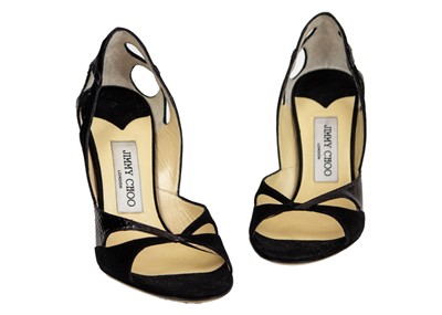 Lot 323 - JIMMY CHOO - A pair of Ivy black croc-embossed leather heeled shoes.