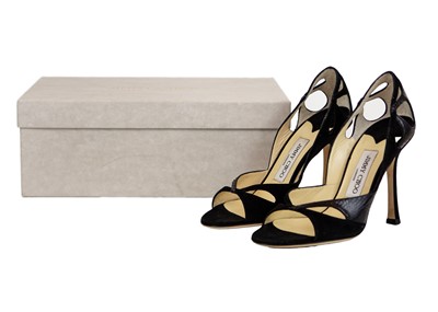 Lot 323 - JIMMY CHOO - A pair of Ivy black croc-embossed leather heeled shoes.