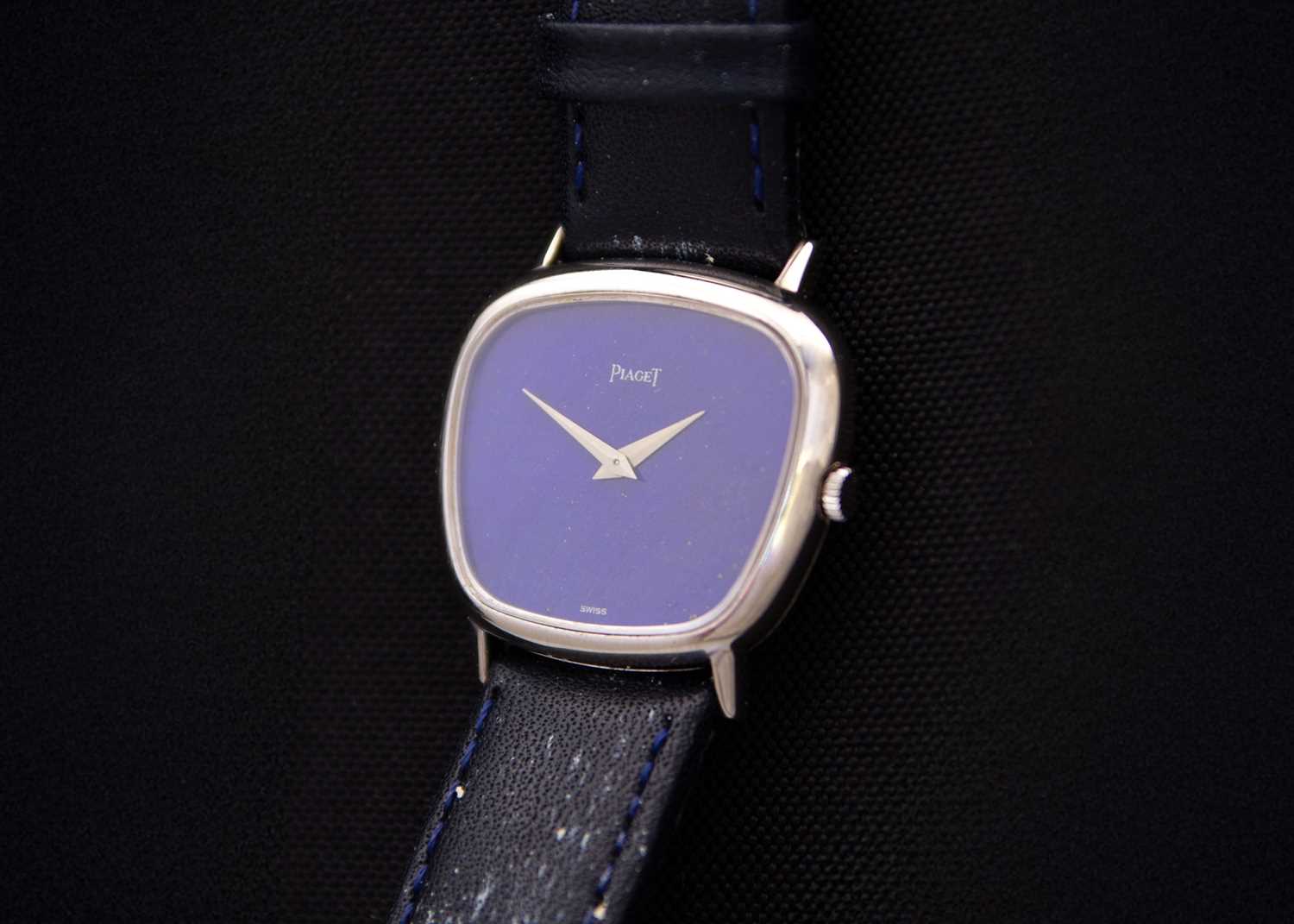 Lot 108 - PIAGET - A 1970's 18ct white gold lapis lazuli dial gentleman's manual wind dress wristwatch.