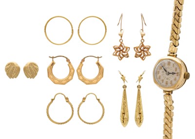 Lot 30 - A 9ct cased Buren lady's manual wind watch and a selection of 9ct earrings.