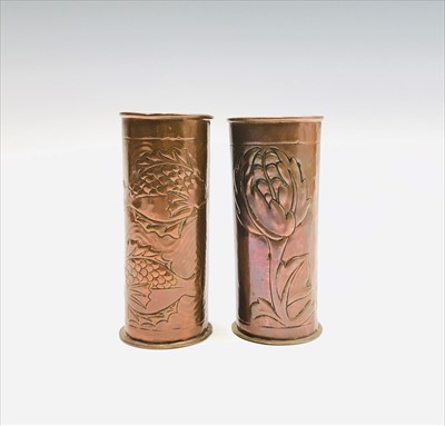 Lot 63 - Two Newlyn style copper vases, one decorated...