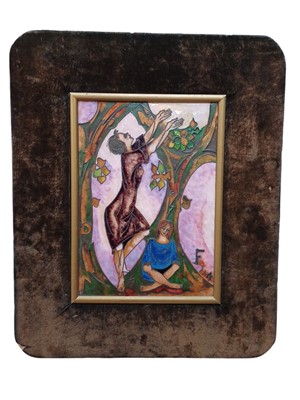 Lot 161 - A Continental enamel plaque of two figures under a tree.