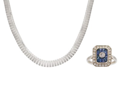 Lot 229 - A 9ct white gold Art Deco style sapphire & white stone ring and a silver necklace.