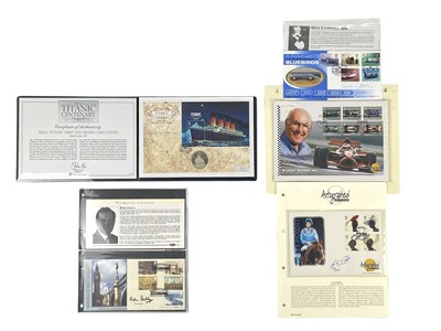 Lot 191 - Signed Celebrity Proof Silver Crown Size Coin & Stamp Covers: Lester Piggott, Murray Walker etc (x5)