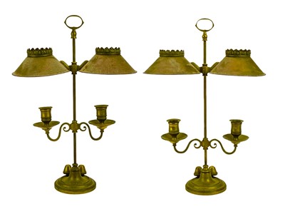 Lot 309 - A pair of Victorian brass twin-branch adjustable candle lamps by Miller & Sons.