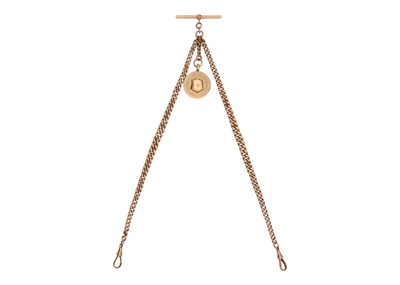 Lot 238 - A 9ct rose gold graduated curb link double Albert watch chain with fob.