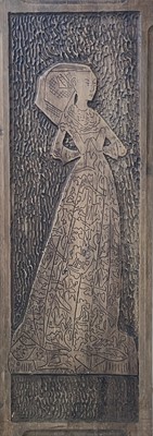 Lot 202 - A carved stained pine panel of a medieval brass rubbing.