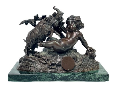 Lot 156 - After Clodion, a patinated bronze putti and ram group.