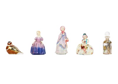 Lot 760 - Three Royal Doulton figures, a Royal Crown Derby paperweight, and a scent bottle.