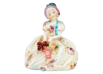 Lot 760 - Three Royal Doulton figures, a Royal Crown Derby paperweight, and a scent bottle.