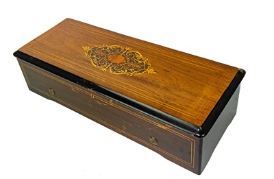 Lot 77 - A 19th century rosewood marquetry musical box by Nicole Freres Geneve.