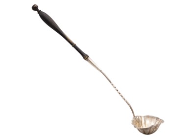 Lot 69 - A Georgian silver ladle with fluted bowl and turned wood handle.