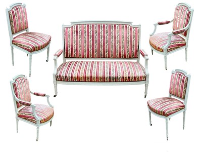 Lot 993 - A French neo-classical style five-piece painted wood salon suite.