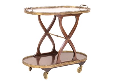 Lot 428 - A French mid-century figured mahogany two tier cocktail trolley or cart.