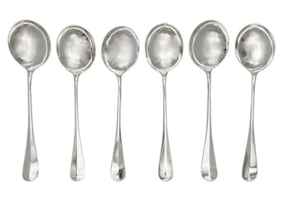 Lot 71 - An Edwardian silver set of six Hanoverian pattern soup spoons by Richard Martin & Ebenezer Hall.