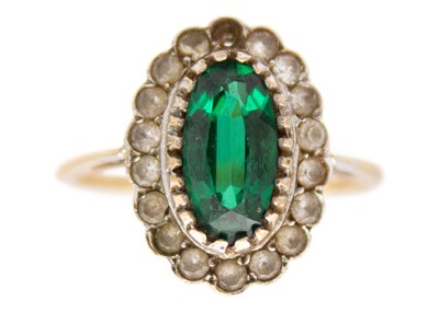 Lot 28 - A 9ct gold green synthetic spinel and white stone cluster ring and another 10ct paste set ring.